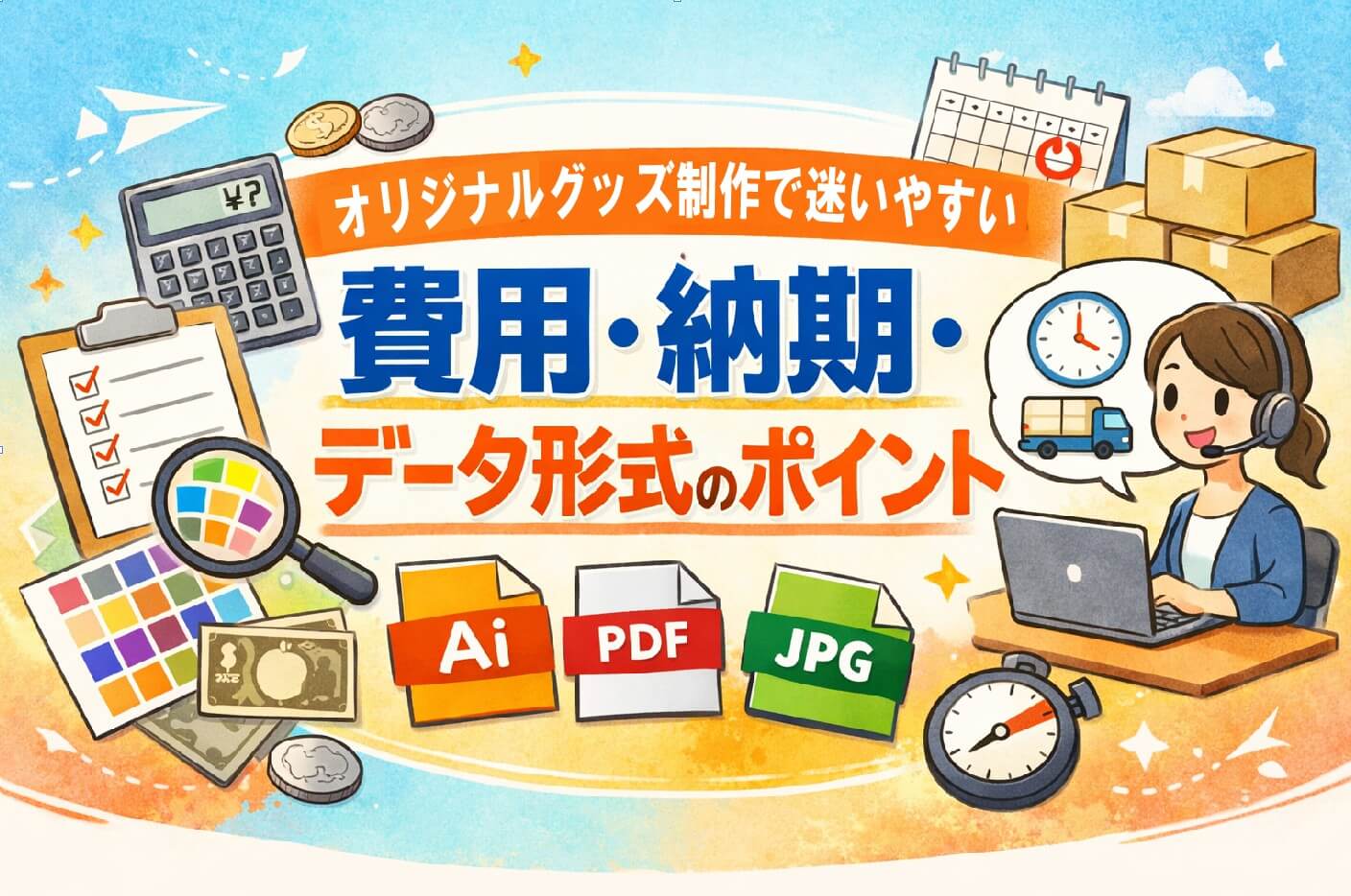 オリジナルグッズ制作で迷いやすい費用・納期・データ形式のポイントイメージイラスト