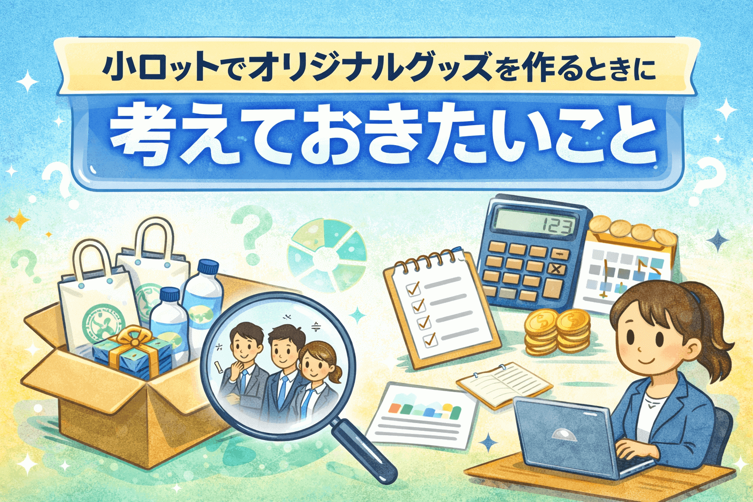 小ロットでオリジナルグッズ制作を検討するイメージイラスト