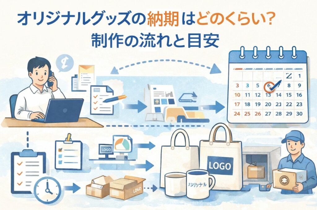 オリジナルグッズ制作の納期と流れをイメージしたイラスト