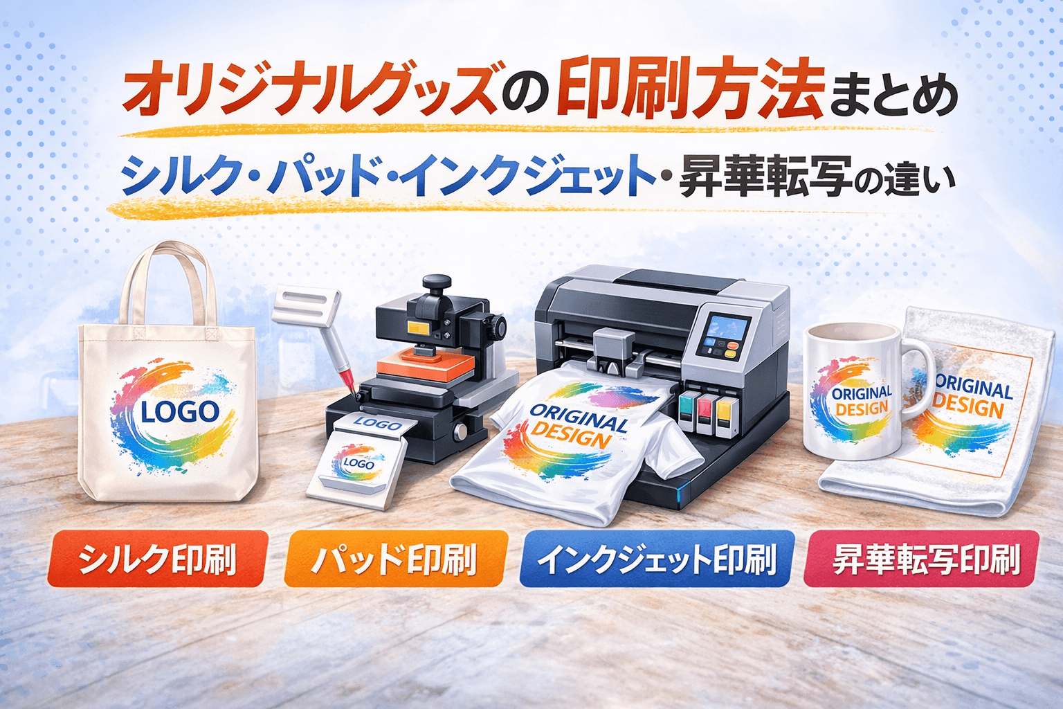 オリジナルグッズの印刷方法まとめ｜シルク・パッド・インクジェット・昇華転写の違い
