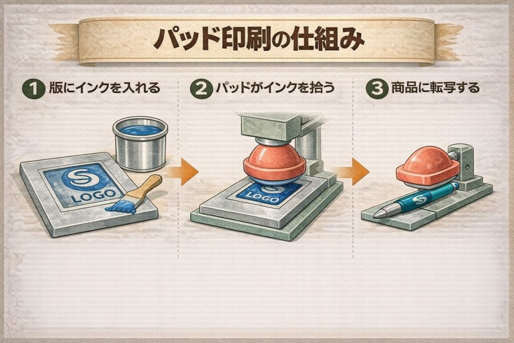 パッド印刷の仕組み(版→パッド→商品への転写工程)