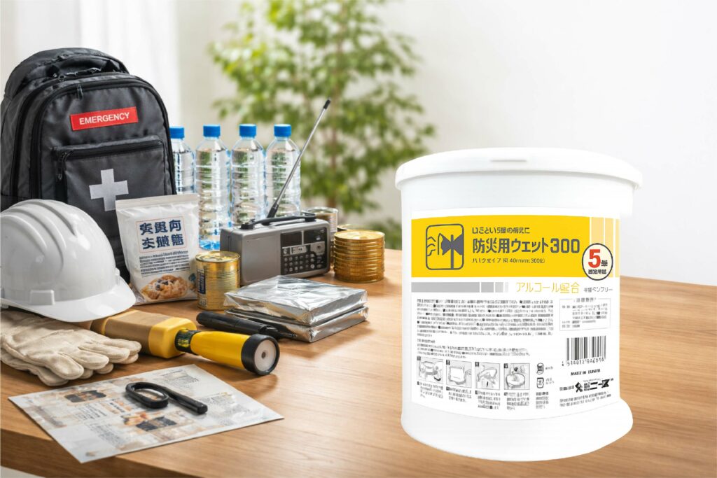 災害時に必要なウェットティッシュの備蓄方法を解説。未開封で約5年保存できる大容量バケツタイプの特徴と、詰替による補充の考え方まで紹介します。