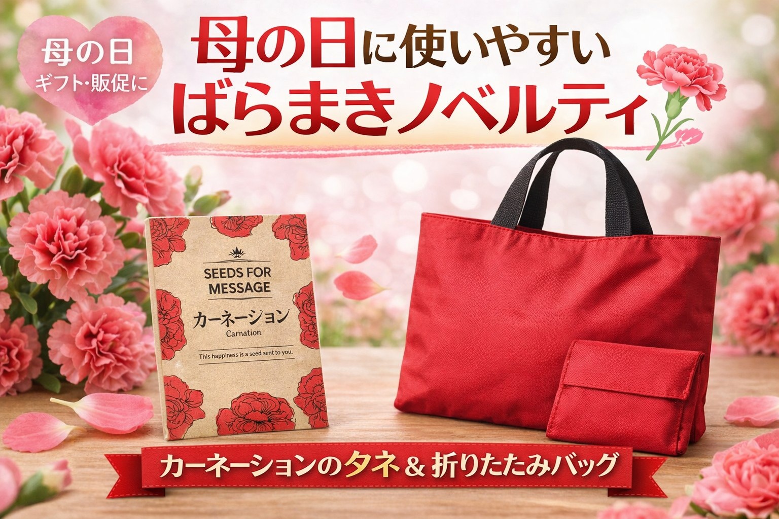 母の日に使いやすいばらまきノベルティとは？ カーネーションの種と折りたたみバッグの活用